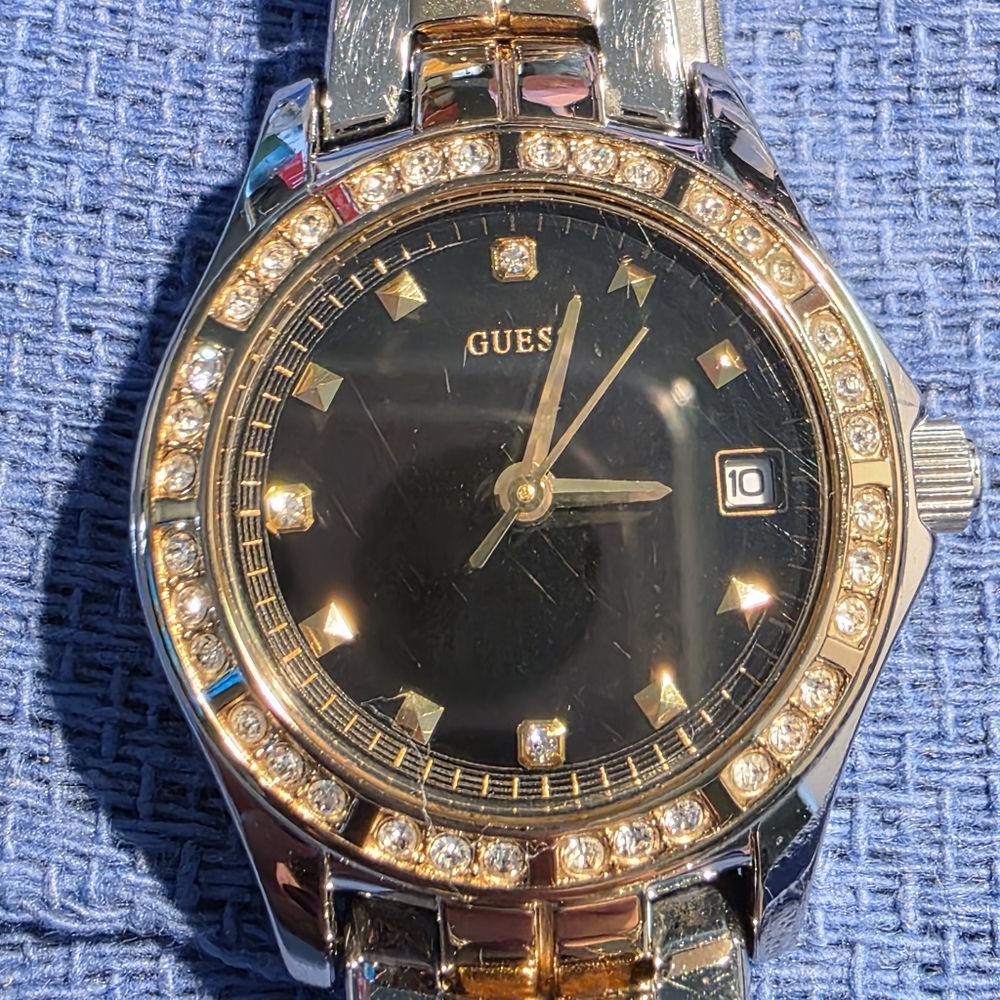 Guess Black and Gold Watch with Crystal Accents